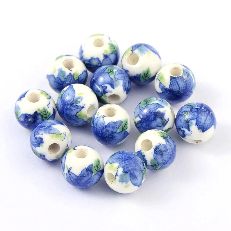 White/Blue Porcelain Beads Plain Round 10mm Pack Of 10 - Image 1 of 1