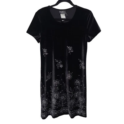Mini Vestido De Colección M Negro Terciopelo Manga Corta Floral Bling Y2K Capricho Hadas Gótico Foto 1 de 4
