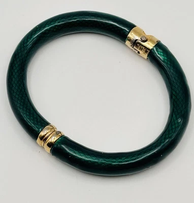 Erwin Pearl Bracelet Bangle Guilloche Enamel Hinged Forest Green Gold - Image 1 of 3