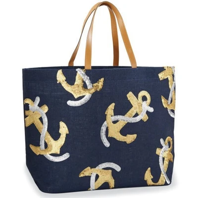 Грязь пирог якорь морской ослепительный блестки джутовая сумка с короткими ручками пляж сумка покупатель сумочка новый - Изображение 1 из 2
