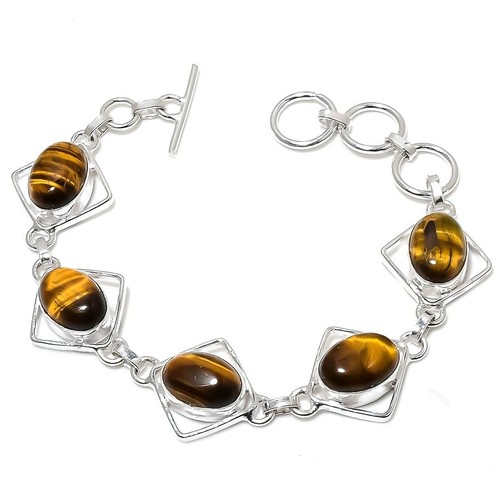 VALENTINO Bracciale in argento sterling 925 fatto a mano con pietre preziose occhio di tigre marrone 7 8"