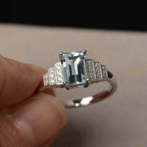 2Ct Emerald Cut Aquamarine Solitaire Engagement Ring 14K White Gold Finish - Picture 1 of 6