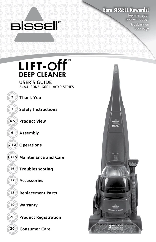 Bissell DeepClean Lift-Off Deluxe Pet 24A4, 30K7, 66E1, 80X9 Owner's Manual  - Image 1 of 1