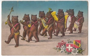 Animals; Anthropomorphic Swiss Bears, Marching Band, Berne Crest PPC 1914 PMK - Picture 1 of 3
