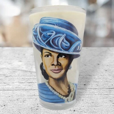 Blue Ethnic Woman Caribbean Teakwood Scented 17oz. Luxury Religious Soy Candle - Image 1 of 4