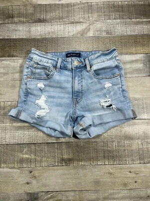 Pantalones Cortos Aeropostale Para Mujer 4 Azul Denim Envejecido Tiro Alto Midi Puño Enrollado Foto 1 de 4