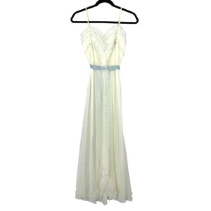 Vintage Colura Maxi Slip Nightgown Womens Sz 4 Cream Ruffle Blue Ribbon Tie - Picture 1 of 7
