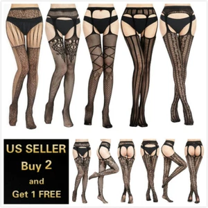 Women Fishnet Sexy Garter Belt Stockings Thigh High Lingerie Lace Tights Bow - Picture 1 of 7