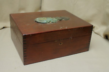 Vintage Dovetail Wood Box 13" X 10 5 1/2" Mayan/Aztec God Brass/Bronze