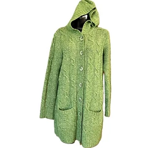 LL Bean Vintage mittelgrün Wollpullover Zopfmuster lang Kapuze Cardigan Knöpfe - Bild 1 von 12