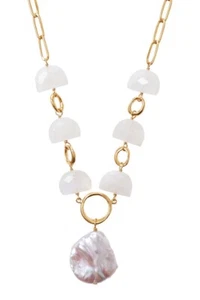 NWT CHAN LUU MOONSTONE PEARL LUNA PENDANT GEMSTONE GOLD CHAIN NECKLACE $345 - Picture 1 of 5
