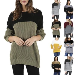Womens Baggy Pullover Jumper Long Sleeve Round Neck Contrast Block Stripe Top - Picture 1 of 8