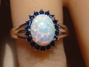 Opal & Blue Sapphire ring , Solid 14 k white Gold , 100% Natural stones - Picture 1 of 13
