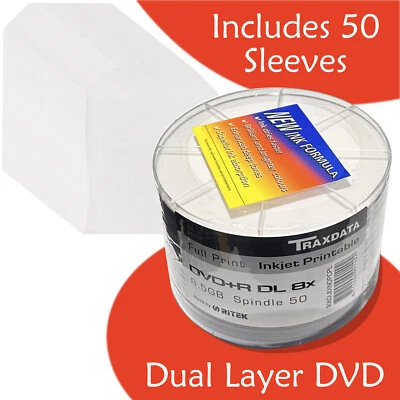 50 Printable Traxdata DVD+R DL 8.5GB 8x Dual Layer Discs RITEK S04 & Sleeves