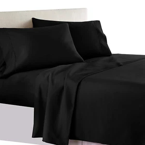 Juego de sábanas de 4 piezas de algodón egipcio marca profundidad de pared tamaño y TC negro liso - Imagen 1 de 12