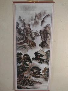 Scroll Mountain Scene Painted Asian Trees Floral Village 12.5 x 30 Wall Hanging - Picture 1 of 6