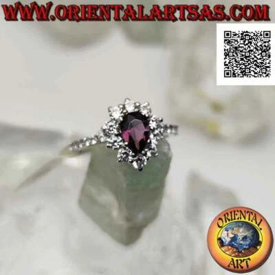 Anello in Argento 925‰ fiore di zirconi bianchi con ametista a goccia incastonat - Immagine 1 di 4