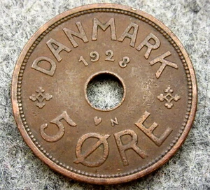 DENMARK CHRISTIAN X 1928 N GJ 5 ORE, BRONZE - Picture 1 of 4