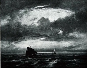 BATEAU de PÊCHE en PLEINE MER -Gravure 19e (de Jules Dupré- École Barbizon) - Picture 1 of 2