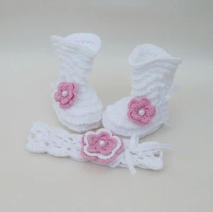 white baby knee high socks, booties headband for babygirls, baptism socks knit - Picture 1 of 16