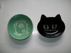 2 Ceramic Cat Food Bowl Dish Green Piggie Black Cat - Picture 1 of 3