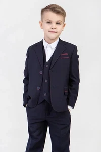 Boys' Classic Navy Blue Suit – Red Trim – European Tailoring – Sizes 6–10 (EU 12 - Picture 1 of 3
