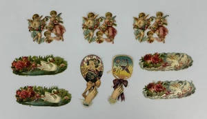 Antique Victorian Die-Cut Embossed Scrap Lot Asian Fans-Swans-Cherubs-Doves - Picture 1 of 7