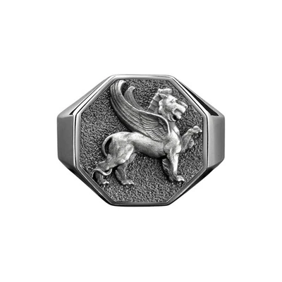 Bague en argent poli Lamassu, lion ailé mythologie babylonienne cadeau homme - Photo 1/4