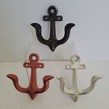 Lot 3 VTG Cast Iron Anchor Wall Mount Hook Black White Red Rustic Nautical Ocean