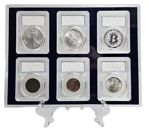 PCGS 6 Münzplatten Display Aufbewahrungsbox mit Ständer wendbar blau oder weiß - Bild 1 von 6