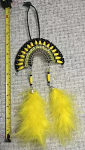 Native American Beaded Indian Headdress with Feathers Hand Made Yellow and Black - Picture 1 of 4