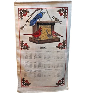 Linen Calendar 1993 Birds Feeding Oak Leaves Red Berries Imported Fabric Vintage - Picture 1 of 5
