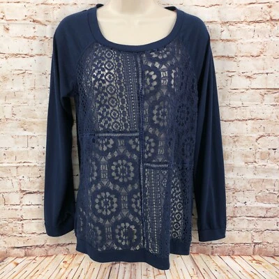 Xhilaration Womens Knit Top Shirt Size Medium Navy Lace Front Pullover LS - Image 1 of 4