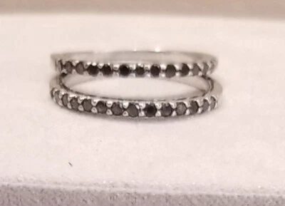 14k White Gold Pair (2) Black Diamond Stackable Guard Band Rings - Image 1 of 4