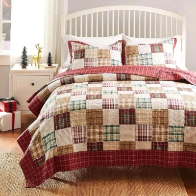 Quilt Set King Red Tan Patchwork Cotton Plaid Reversible Traditional Bedding - Image 1 of 4