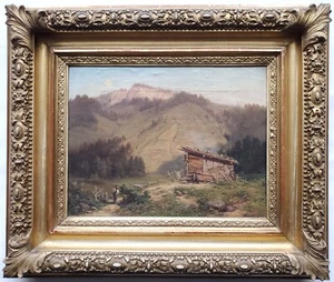Quadro Olio Paesaggio Capanna Montagna Escursionisti Firmato Forster - Foto 1 di 11