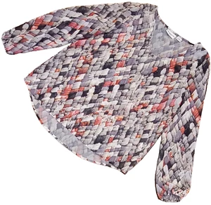 Liz Claiborne Blouse Petite Sheer Geometric Long Sleeve Elastic Cuff Women's MP - Picture 1 of 8