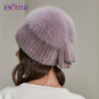 Damskie zimowe naturalne futro kapelusze wełniane dzianiny grube ciepłe luksusowe futro maska czapka 