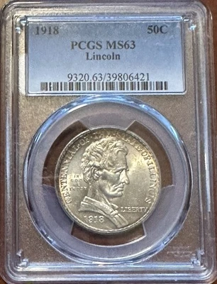 Medio dólar conmemorativo de plata Lincoln 1918 graduación profesional MS 63 ¡Bonita moneda tonificada! Foto 1 de 4
