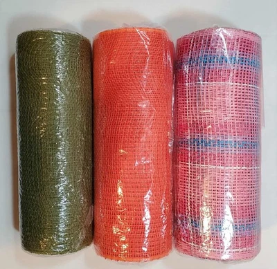 Lot Of 3  Poly Burlap Mesh 10“ X 10 Yd - Pink -Orange -Dark Green colors - Image 1 of 4
