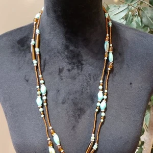 Womens Fashion Turquoise, Brown & Seed Beads Tubes Station Long Necklace Jewelry - Picture 1 of 6