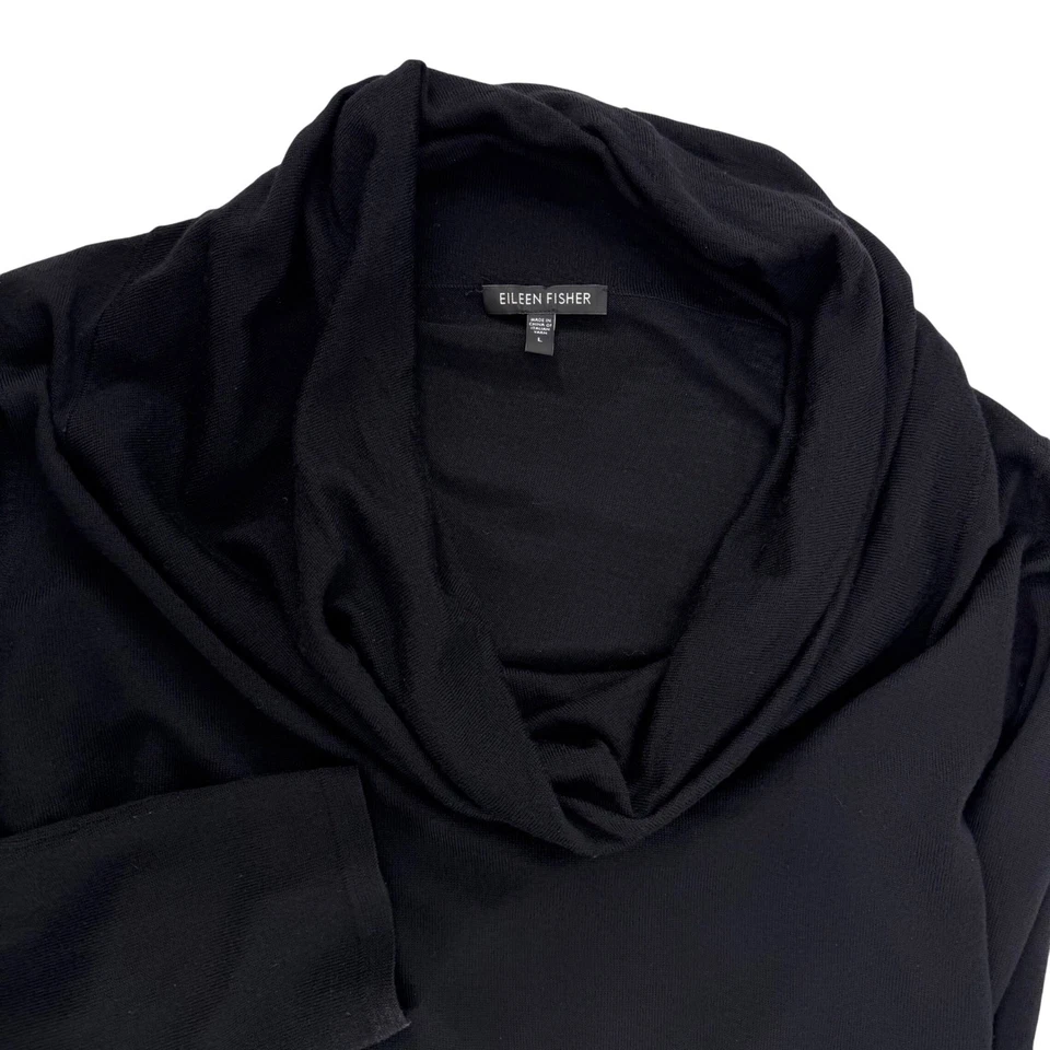 Top de mujer Eileen Fisher negro de lana merino con capucha y cuello manga larga talla grande Foto 1 de 4
