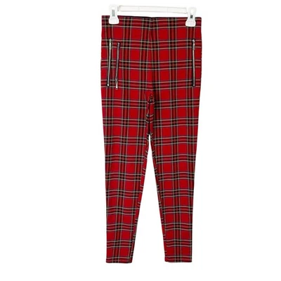 Pantalones Zara rojos a cuadros para mujer talla pequeña tiro alto ajustados Foto 1 de 4