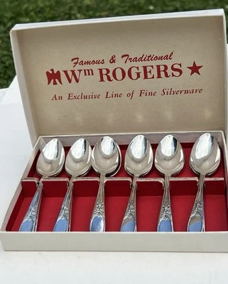 Набор из 12 ложек Demitasse Wm Rogers бордовые винтажные посеребренные оригинальная коробка - Изображение 1 из 4
