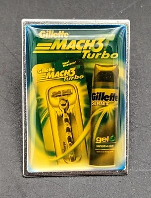 Vintage GILLETTE Mach 3 Turbo Razor & Gel Promo BUTTON PIN Union Made USA - Bild 1 von 2