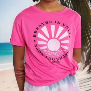 JUSTICE Size Large 12/14 Fantasy Fuchsia Pink Unity & Love Tee Shirt NEW TAGS - Picture 1 of 3