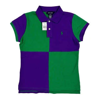 Polo Ralph Lauren Girls Short Sleeve Paneled Polo Shirt w/ Pony - Purple, Green - Image 1 of 3