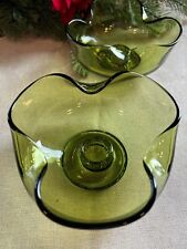 Anchor Hocking 2 MCM Avocado Green Glass Candle Stick Holders Pair 1970s Vintage