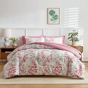 Pink Floral Comforter Sheet Set Bed in a Bag 7 Pieces Queen Size Pink Gray Flowe - Picture 1 of 9