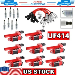 UF414 8X Round Ignition Coils + Spark Plugs + Wires Kit For GMC Chevy Silverado - Picture 1 of 14